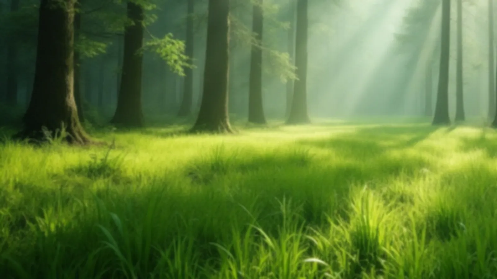 A sunlit forest glade with soft green grass and tall trees in morning mist, the FinanceGlade view of quick personal loans online, $100 – $5,000